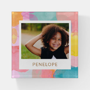 Colorful Watercolor Circles and Dots Name Photo Paperweight