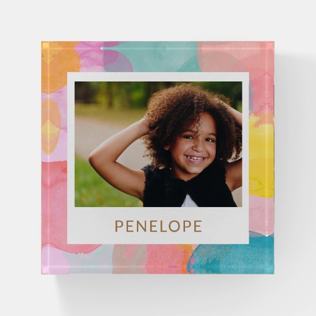 Colorful Watercolor Circles and Dots Name Photo Paperweight (Front)