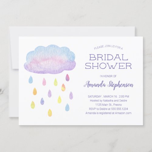 Colorful Watercolor Cloud Raindrops Bridal Shower Invitation