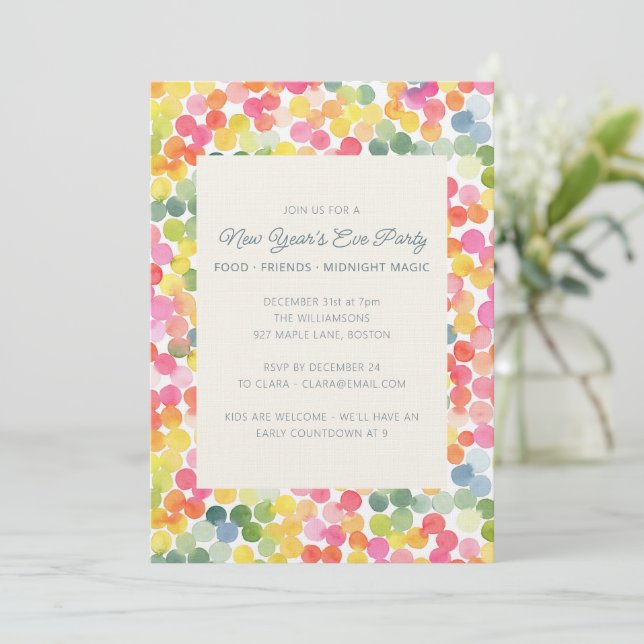 Colorful Watercolor Confetti Dots New Years Party Invitation (Standing Front)