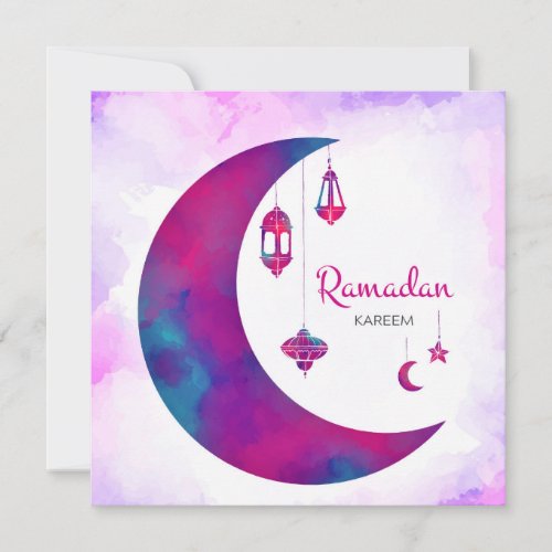 Colorful Watercolor Crescent Ramadan Kareem  Holiday Card