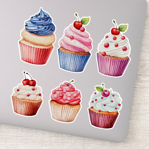 Colorful Watercolor Cupcakes set of 6 Sticker
