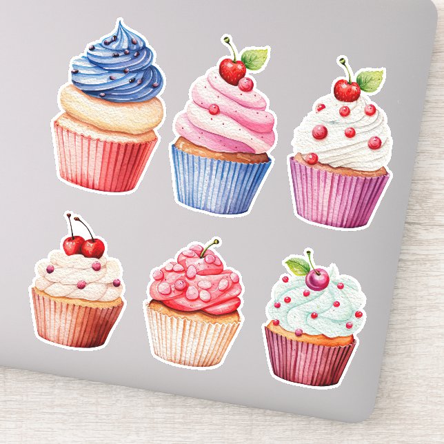 Colorful Watercolor Cupcakes set of 6 Sticker (Detail)