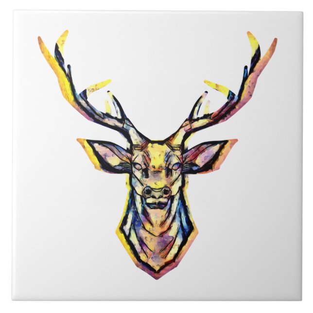 Colorful Watercolor Deer Head Art  Ceramic Tile (Front)