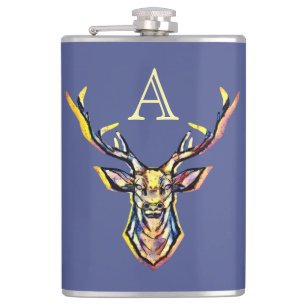 Colorful Watercolor Deer Head Art  Flask