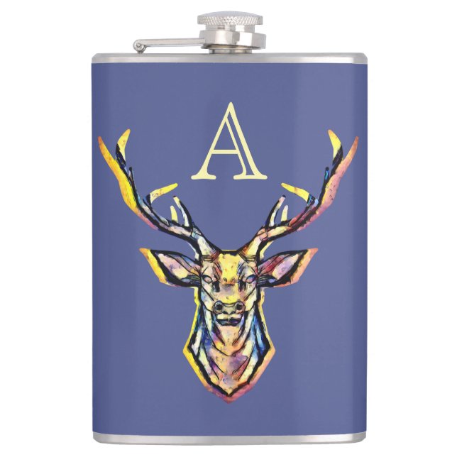 Colorful Watercolor Deer Head Art  Flask (Front)