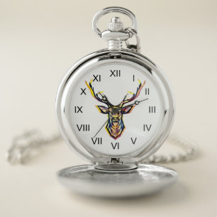Colorful Watercolor Deer Head Art Pocket Watch