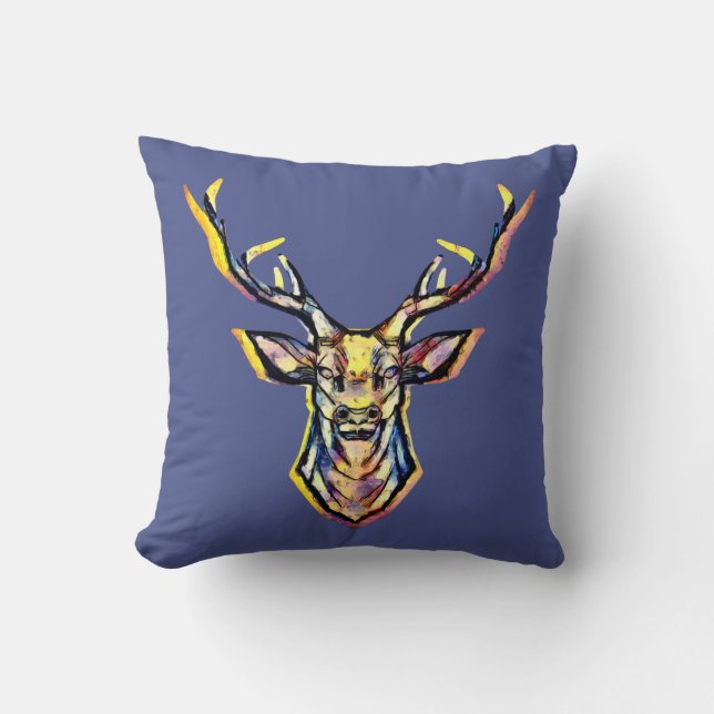 Colorful Watercolor Deer Head Art  Throw Pillow (Front)