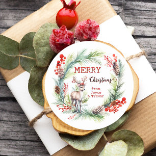 Colorful Watercolor Deer Wreath Christmas Classic Round Sticker