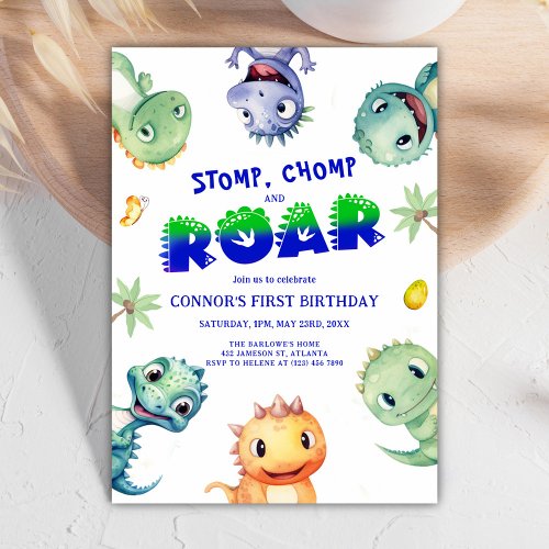 Colorful Watercolor Dinosaur First Birthday Party Invitation