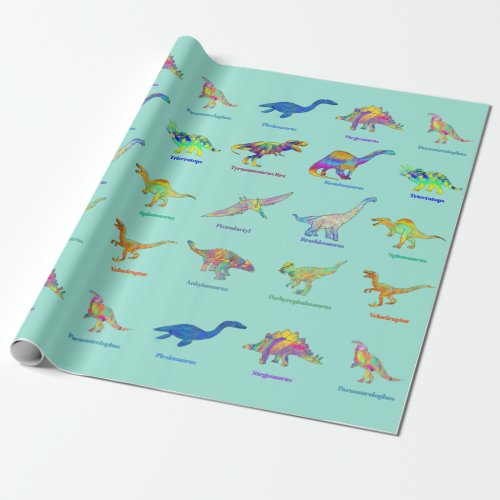 Colorful Watercolor Dinosaurs with names Wrapping Paper