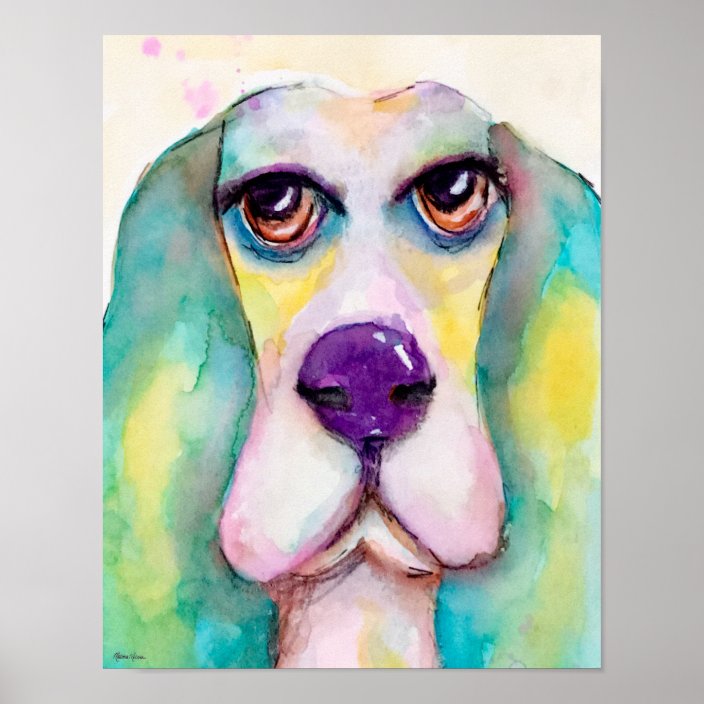 Colorful Watercolor Dog Basset Hound Green Blue Poster Zazzle