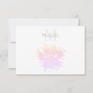 Colorful Watercolor Dog Paw Print Custom Name Note Card