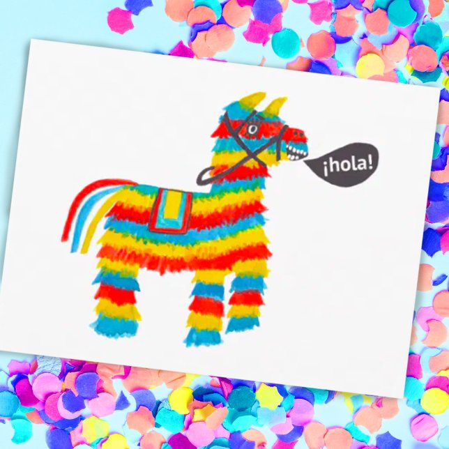 Colorful Watercolor Donkey Piñata Postcard (Cute gouache paint pinata saying hola on a postcard! Customize with your own text)