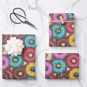 Colorful Watercolor Donuts with Sprinkles Pattern Wrapping Paper Sheets