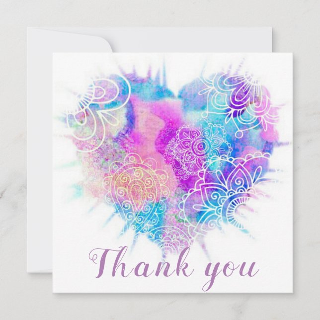 Colorful Watercolor Doodle Heart Thank You Card (Front)