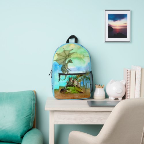Colorful Watercolor Dragon and Castle Personalized Printed Backpack