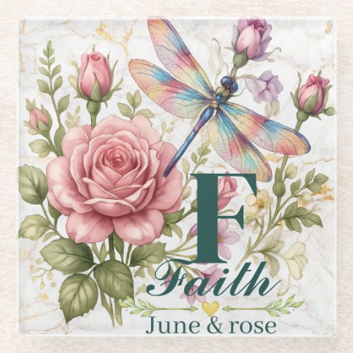 Colorful Watercolor Dragonfly & June Birth Flower Glass Coaster