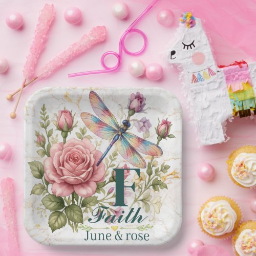 ​Colorful Watercolor Dragonfly & June Birth Flower Paper Plates
