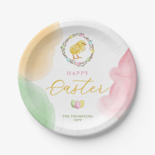 Colorful Watercolor Easter Chick In Willow Wreath Paper Plates
