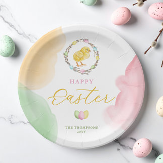 Colorful Watercolor Easter Chick In Willow Wreath Paper Plates