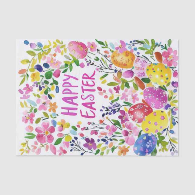 Colorful watercolor Easter Eggs and Flowers Tissue Paper (Front)
