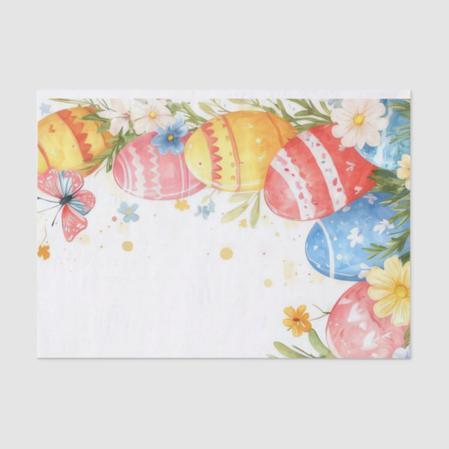 Colorful watercolor Easter Eggs and Flowers Tissue Paper (Front)