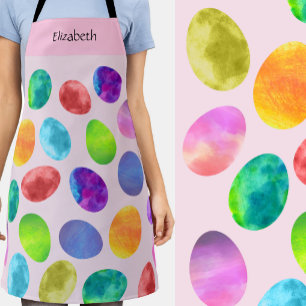 Colorful Watercolor Easter Eggs Custom Name Apron