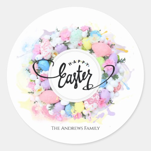Colorful Watercolor Easter Wreath Calligraphy Classic Round Sticker