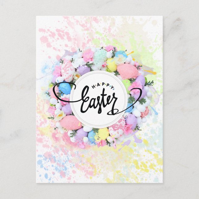 Colorful Watercolor Easter Wreath Calligraphy Postcard (Front)