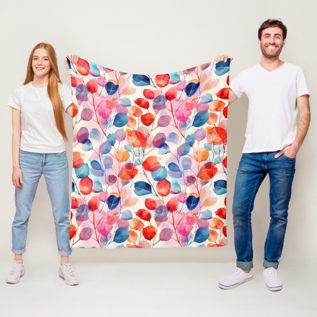  Colorful Watercolor Eucalyptus Leaves Fleece Blanket (In Situ)