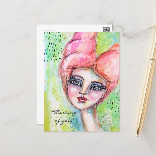 Colorful Watercolor Fairy Cute Girly Whimsical Art Postcard
