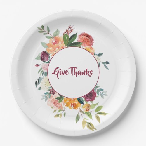 Colorful Watercolor Fall Floral Give Thanks Paper Plates