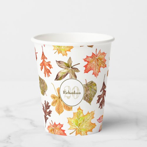 Colorful watercolor fall leaves family name paper cups