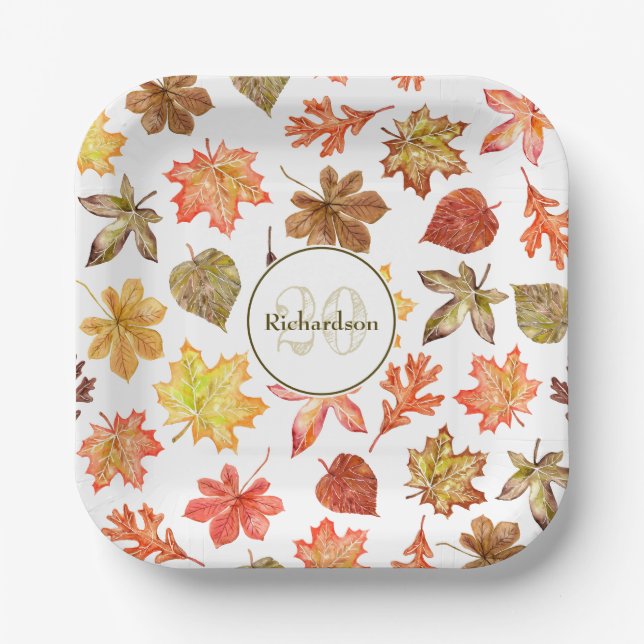 Colorful watercolor fall leaves family name paper plates (Front)