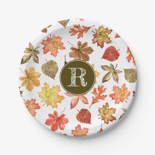 Colorful watercolor fall leaves pattern monogram paper plates