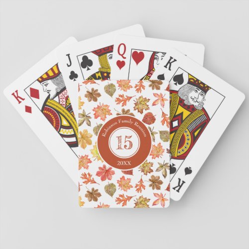 Colorful watercolor fall leaves pattern monogram poker cards