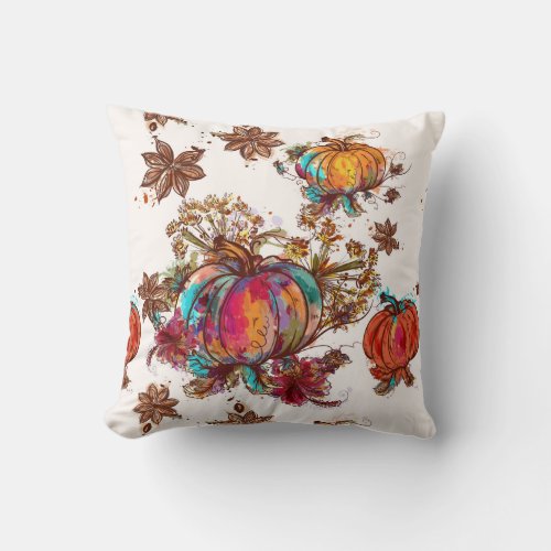 Colorful Watercolor Fall Pumpkins Thanksgiving Throw Pillow