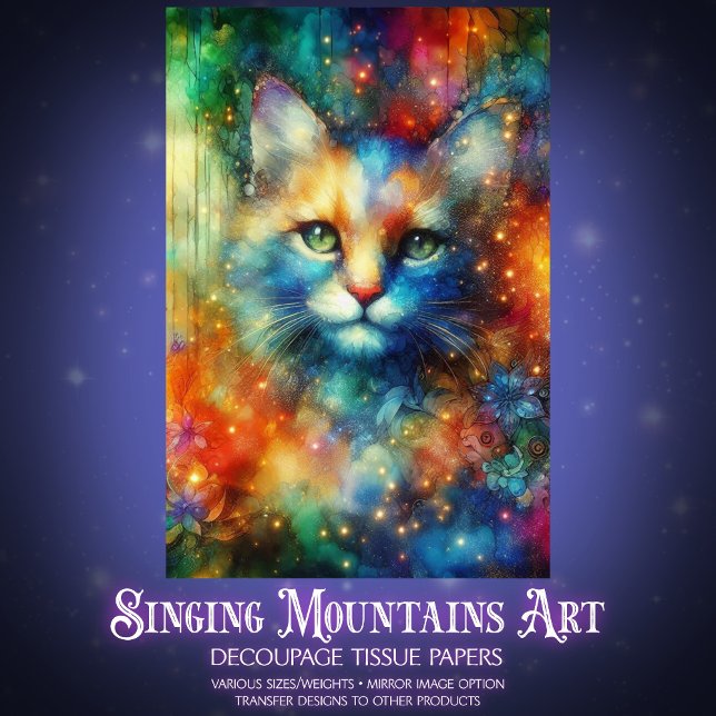 Colorful Watercolor Fantasy Cat Decoupage  Tissue Paper (Creator Uploaded)