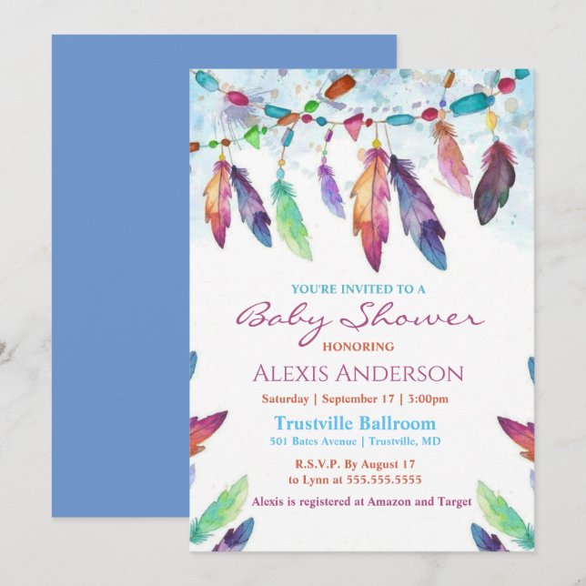 Colorful Watercolor Feathers Baby Shower Invitation (Front/Back)