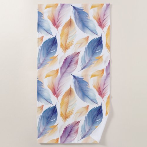 Colorful Watercolor Feathers Beach Towel