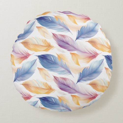 Colorful Watercolor Feathers Round Pillow