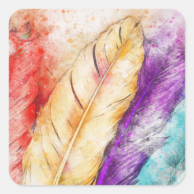 Colorful Watercolor Feathers Square Sticker (Front)