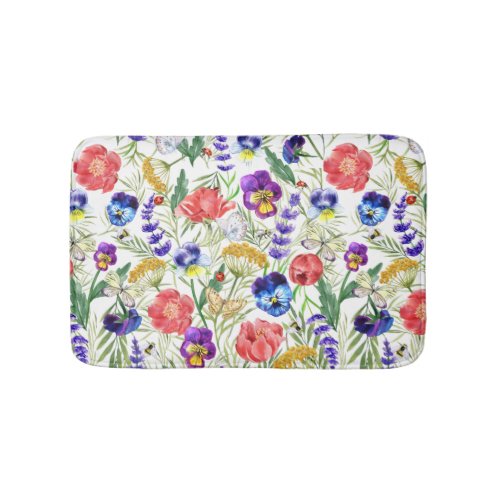 Colorful Watercolor Field Flowers Poppies Bath Mat