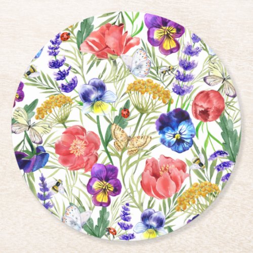 Colorful Watercolor Field Flowers Poppies Coaster