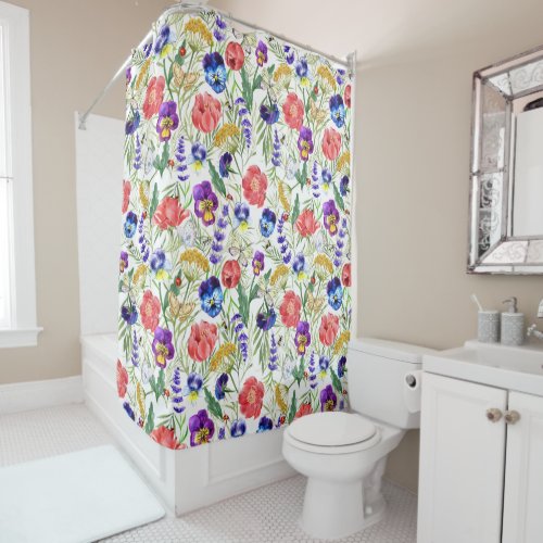 Colorful Watercolor Field Flowers Shower Curtain