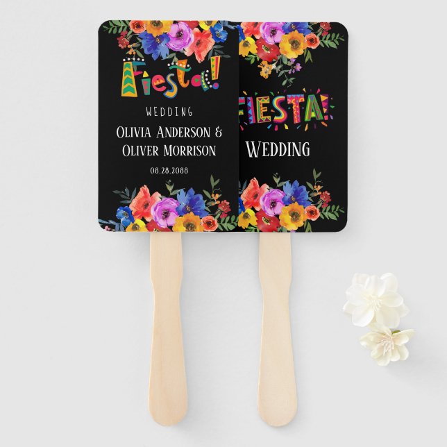 Colorful Watercolor Fiesta Florals Wedding Hand Fan (Front and Back)