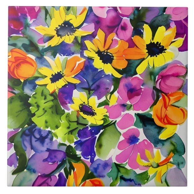 Colorful Watercolor Floral Art Ceramic Tile (Front)
