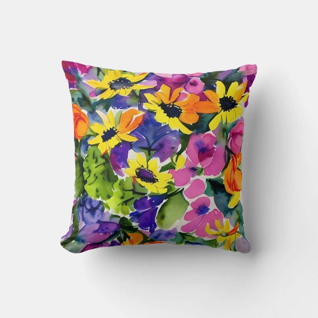 Colorful Watercolor Floral Art Throw Pillow (Front)