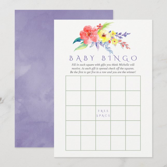 Colorful Watercolor Floral Baby Shower Bingo Invitation (Front/Back)